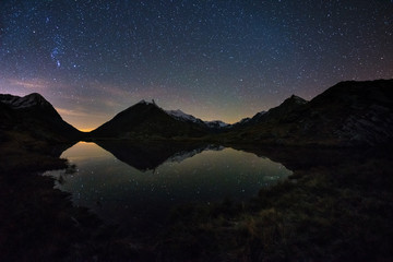 Wall Mural - the outstanding beauty of the milky way arc and the starry sky reflected on lake at high altitude on