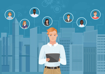 Young man in thew city browsing tablet and communicating with people vector illustration. Social media and social network concept.