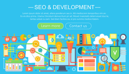 Aufkleber - SEO and development concept design infographics template design, web header seo icons elements. Vector illustration.