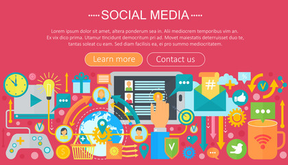 Poster - Modern flat design Social media concept. Social media icons Website Header, app design poster. Digital marketing Infographics template. Vector illustration.