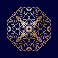 Canvas Print - Round golden decorative floral mandala element on blue background