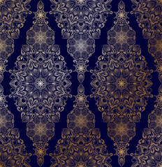 Canvas Print - Decorative golden floral mandala seamless pattern on blue background