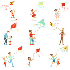 Sticker - Happy kids running with kite. Parents help children run a kite, a fun family vacation.