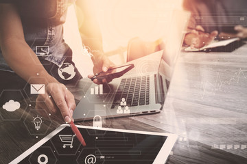 Poster - co working team meeting concept,businessman using smart phone and laptop and digital tablet computer in modern office with virtual interface icons network diagram