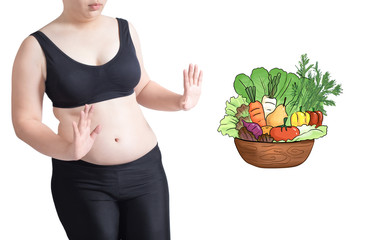 fat woman food rejection vegetable illustration isolated on white