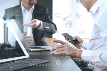 Poster - co working team meeting concept,businessman using smart phone and digital tablet and laptop computer in modern office