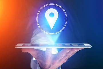 Vuiew of a Concept of geographical localization on a map with a smartphone
