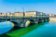 Ponte Vittorio Emanuele I Bridge Over River Po With Cityscape Of Torino, Italy.