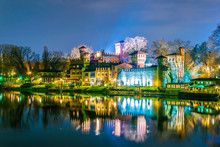 View Of Borgo Medievale Castle Looking Buidling In The Italian City Torino During Night