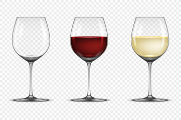 Vector realistic wineglass icon set - empty, with white and red wine, isolated on transparent background. Design template in EPS10.