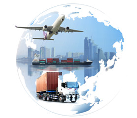 Logistics global transportation concept. Maritime and land transport, air transport on world map background use for import export shipping industry