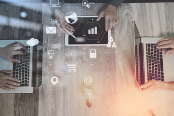 Poster - co working team meeting concept,businessman using smart phone and laptop and digital tablet computer in modern office with virtual interface icons network diagram