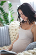 © chesterF - smiling pregnant woman sitting on sofa and reading magazine