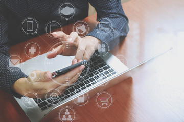 Poster - top view,business man hand using smart phone,laptop, online banking payment communication network technology 4.0,internet wireless application development sync app,virtual graphic icon diagram