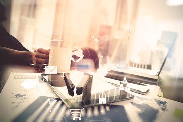 Poster - businessman working with smart phone and digital tablet and laptop computer in modern office with virtual interface graphic icons network diagram