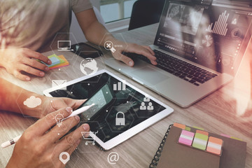 Poster - co working team meeting concept,businessman using smart phone and laptop and digital tablet computer in modern office with virtual interface icons network diagram