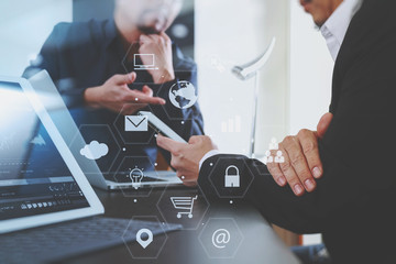 co working team meeting concept,businessman using smart phone and digital tablet and laptop computer
