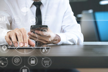 Poster - lawer working with smart phone and digital tablet computer in modern office