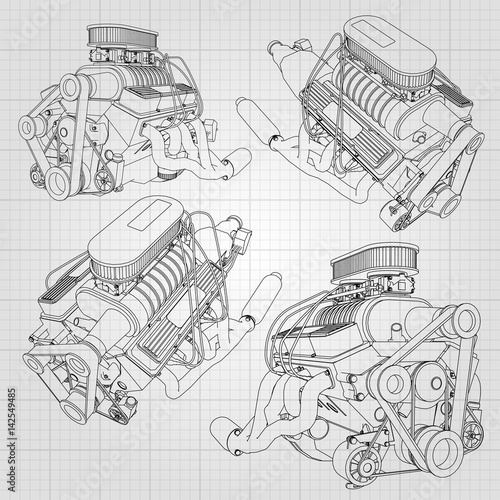 A set of several types of powerful car engine. The engine is drawn with