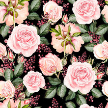Bright Watercolor Seamless Pattern With Flowers Roses, Berry. Illustration.