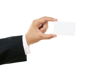 Businessman holding blank card in his hand on white background