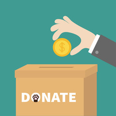 Human hand putting golden coin money with dollar sign into donation paper cardboard box. Helping hands concept. Donate and help pets animals. Dog cat paw print. Flat design style. Green background.