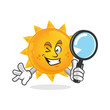 Search sun mascot holding magnifying glass, sun character, sun cartoon vector

