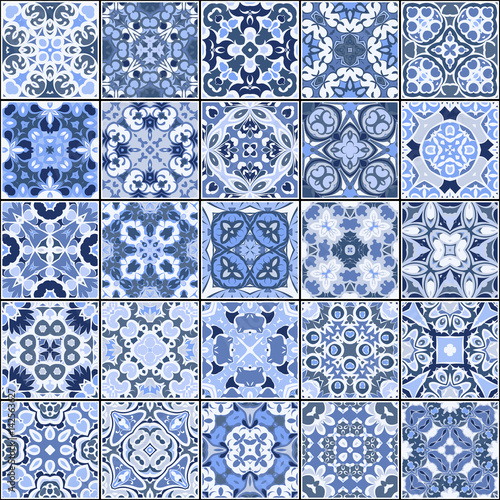 Obraz w ramie A collection of ceramic tiles in blue colors. A set of square patterns in oriental style. Vector illustration.