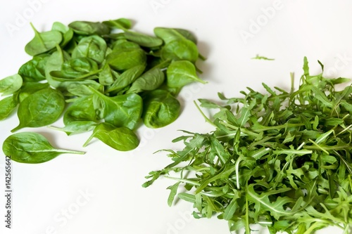 Fresh Baby Spinach Leaves And Green Arugula Salad Rocket On