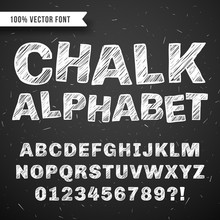 White Chalk Hand Drawing Vector Alphabet, School Font Isolated On Blackboard