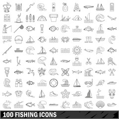 Wall Mural - 100 fishing icons set, outline style