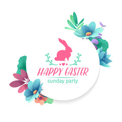 Wall Mural - Banner design template with floral decoration for spring Easter. The round frame with the decor of plants, herb, leaves, twigs. Invitation for easter holiday with logo and rabbit, flower element.