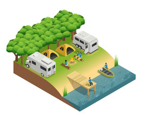 Poster - Recreational Vehicles At Lake Isometric Composition