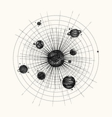 Wall Mural - solar system in dotwork style. planets in orbit. vintage hand dr