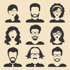 Vector set of different male and female icons in trendy flat style. People faces or heads collection.