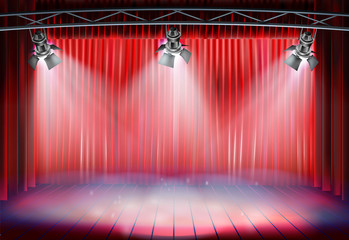 Theater stage with red curtain. Vector illustration.