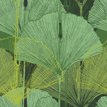 Tropical Ginkgo Biloba Leaves. Hand Drawn Seamless Vector Pattern.