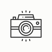 Camera Line Outline Icon. Photo Camera, Photo Gadget, Instant Photo. Snapshot Photography Sign. Vector Simple Linear Design. Illustration. Flat Symbols. Thin Element.