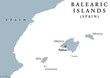 Balearic Islands political map with capital Palma. Majorca, Minorca, Ibiza, Formentera. Spain autonomous community in Mediterranean Sea. Gray illustration on white background. English labeling. Vector