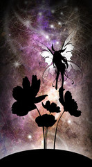 Wall Mural - Fairy dancing on spiderweb cartoon character in the real world silhouette art photo manipulation