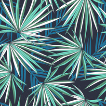 Aqua Blue Fan Palm Leaves - Seamless Background