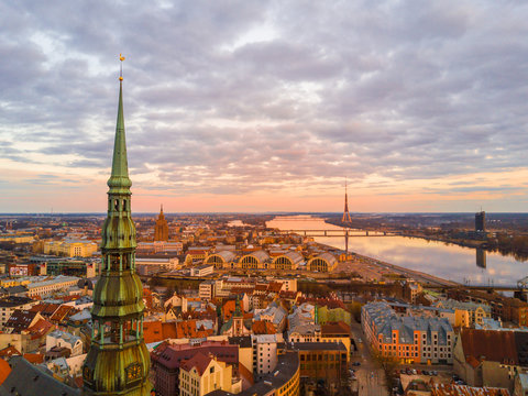 beautiful aerial view of the st. peters cathedral in riga with a highest tower in europe - tv tower 