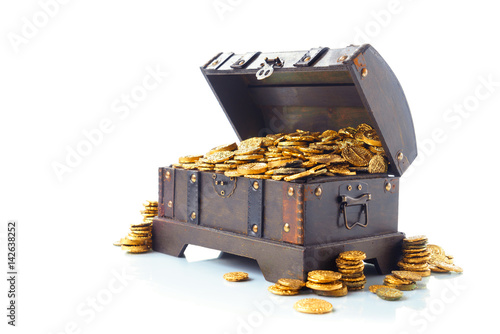 Open treasure chest with gold coins isolated on white