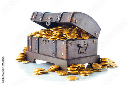 Open treasure chest with gold coins isolated on white