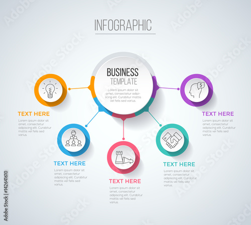 Cuadros en Lienzo Five steps infographics with main option, business data visualization, process c