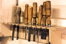 Old Used Wood Lathe Chisels Selection At Workshop