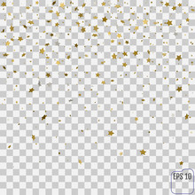 Abstract Pattern Of Random Falling Golden Stars On Transparent Background. Elegant Pattern For Banner, Greeting Card, Christmas And New Year Card, Invitation, Postcard, Paper Packaging. Vector 