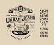FONT URBAN JEANS. Craft vintage typeface design. Fashion type. Serif alphabet. Pop modern display vector letters. Drawn SEWING MACHINE in graphic style. Set of Latin characters, numbers, punctuation.