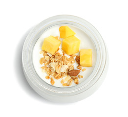 Canvas Print - Delicious dessert with mango in jar on white background