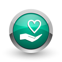 Poster - Care love silver metallic chrome web design green round internet icon with shadow on white background.